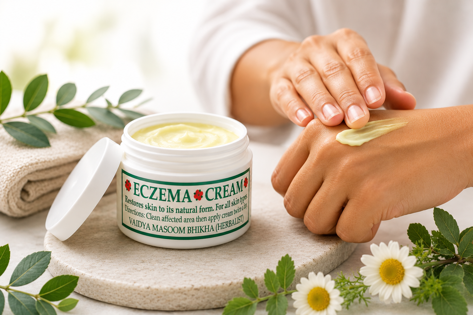 Karisma Herbal Eczema Cream jar with hands applying the cream, surrounded by fresh leaves and chamomile